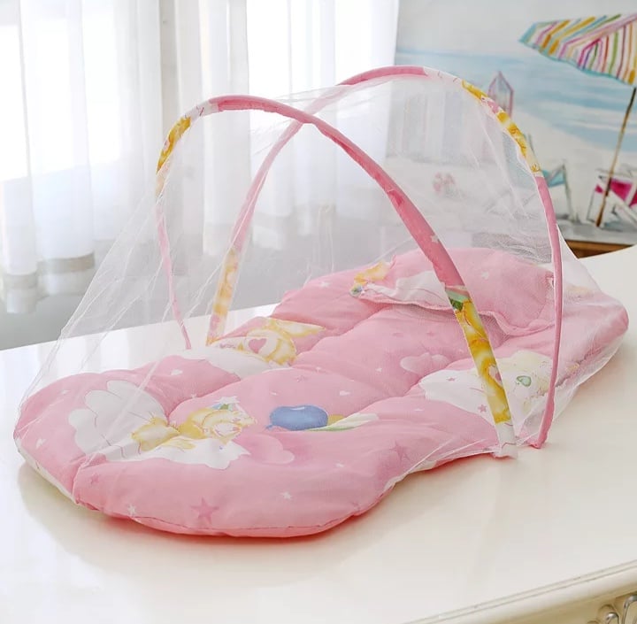 Baby Bed Set with Mosquito Net – Printed Pink - Kiddyco